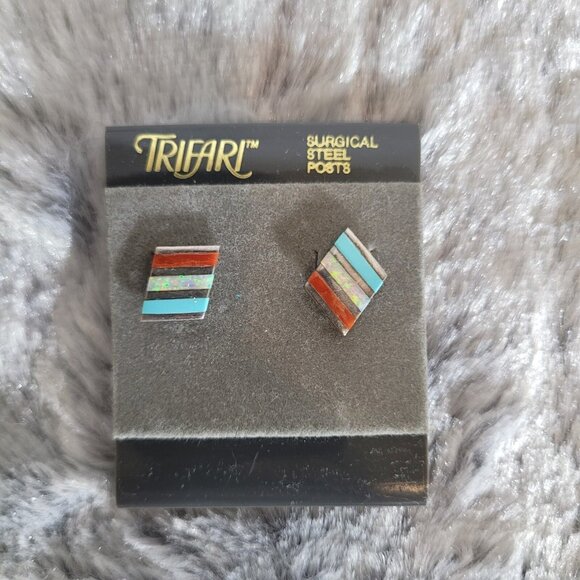 Trifari Jewelry - Trifari Geometric Color Block Inlay Stud Earrings Surgical Steel Posts